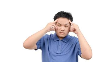 Obese boy feel strain or  headache isolated on white background, photo