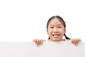 Smile girl hold white billboard isolated on white background, photo