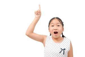 Cute  girl shocked and pointing her finger upwards isolated on  white background, photo