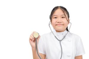 portrait of cute girl doctor or nurse with stethoscope isolated on white photo