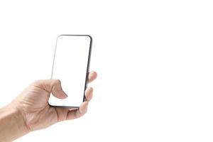 Man hand using smartphone with white screen, isolated photo