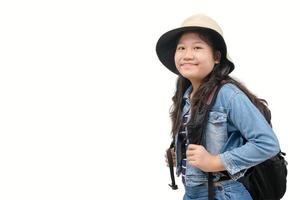 Cute traveler wear jeans jacket with backpack isolated on white photo