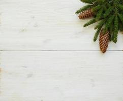 Christmas tree branches with cones on white wooden texture ready for your design. Winter holidays background photo
