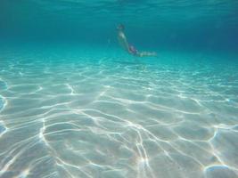 Young beard man with glasses diving in a blue clean water photo