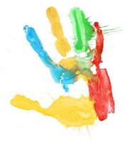 Close up of colored hand print on white photo