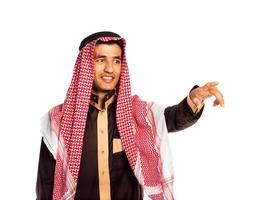 árabe hombre prensado virtual botón en blanco foto
