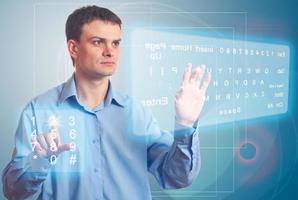Men and Two Virtual Keyboard. photo