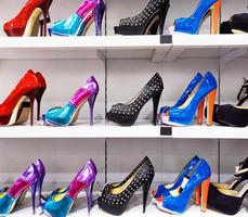Background with shoes on shelves of shop photo