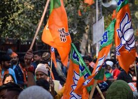 New Delhi, India - January 16 2023 - Thousands of people collected during Prime Minister Narendra Modi BJP road show, people during PM Modi big election rally in the capital photo