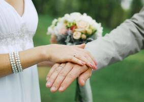 Palms of husband and wife, newlywed. Wedding ring on your finger. Valentine's day photo