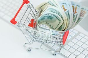 Dollars in the shopping cart on a computer keyboard photo