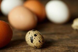 Chicken and quail eggs on a wooden rustic background photo