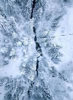 Top view of winter mountain river surrounded by trees and banks of snow-covered photo