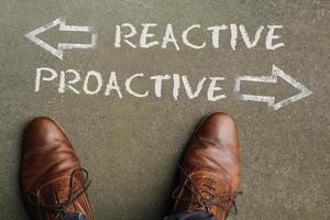 The words Reactive and Proactive written on the floor with arrows pointing in opposite directions photo