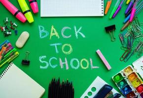 School supplies on blackboard background ready for your design photo