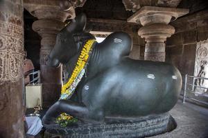 Pattadakal, Karnataka, India 2022-Monolithic Nandi statue in temple in Pattadakal built by the Chalukyas photo