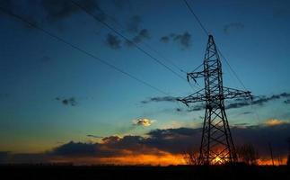 Power lines against the sky at sunset photo