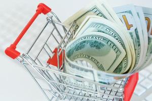 Dollars in the shopping cart - concept of online shopping photo