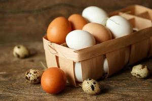 Fresco pollo y codorniz huevos en un de madera antecedentes foto