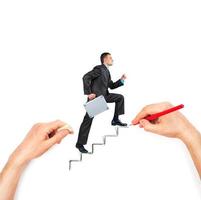 Hand draws stairs with walking businessman on white photo