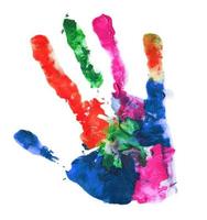 Close up of colored hand print on white photo