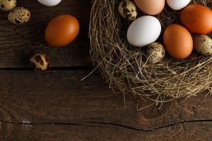Chicken and quail eggs in a nest on a wooden rustic background photo