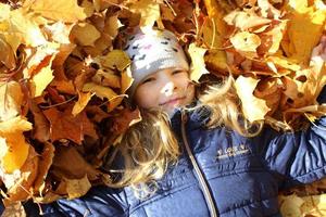 little girl lying on a bed of yellow leaves photo