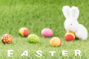 Bunny toys and Easter eggs with text photo