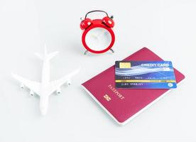Passports and credit cards,airplane on white photo
