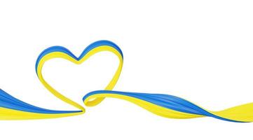 Ukraine support banner - heart shaped abstract wavy ribbon in colors of national flag. 3D render illustration. photo