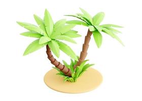 Palm tree on sand 3d render - tropical plant with green leaves and grass for beach vacation and summer travel photo