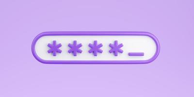 Locked password field 3d render - input box with asterisks for passcode or pin isolated on purple background. photo