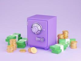 Safe box with money 3d render - illustration of closed purple strongbox surrounded by pile of gold coins and paper cash. photo