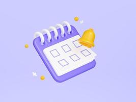 Reminder in calendar 3d render - cute purple calendar with empty check points on white paper and yellow bell. photo