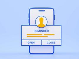 Reminder 3D render illustration - notification page with buttons on mobile phone on blue background. photo