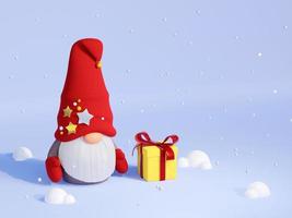 Christmas Scandinavian gnome with gift box and snow 3D render illustration. photo