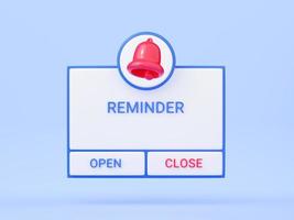 Reminder 3D render - notification page with bell icon and two buttons on blue background. photo