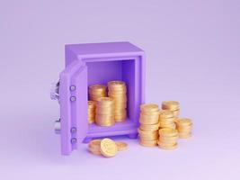 seguro caja con dinero 3d hacer - abierto púrpura caja fuerte lleno y rodeado por pila de oro monedas con dólar signo. foto