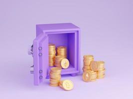 Safe box with crypto currency money 3d render - open purple strongbox filled and surrounded by gold bitcoin and ethereum photo