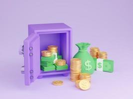 Safe box with money 3d render - open purple strongbox filled and surrounded by pile of gold coins and paper cash. photo