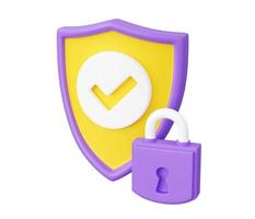 Shield with tick and padlock 3d render - security and safety concept with check mark on shield with closed lock. photo