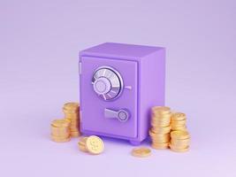 seguro caja con dinero 3d hacer - cerrado púrpura caja fuerte rodeado por pila de oro monedas con dólar signo. foto