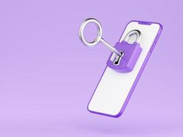 Personal data security 3d render - closed lock with metal key inserted in keyhole on mobile phone screen. photo