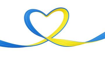 Ukraine support banner - heart shaped abstract wavy ribbon in colors of national flag. 3D render illustration. photo