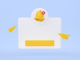 Notification 3d render - white banner with empty space for text, yellow bell and button isolated on blue background. photo
