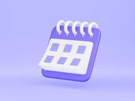 Calendar with date 3d render illustration. Purple floating organizer with rings and week lined up. photo