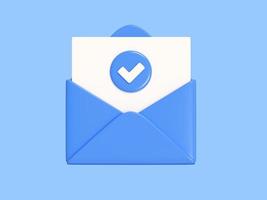 Open letter with card and check mark 3d render - blue envelope with white paper and check. photo
