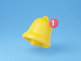 Notification bell icon 3d render - cute cartoon illustration of simple yellow bell with number one. photo