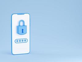 Personal data secure 3d render - padlock and password field on mobile phone screen. photo