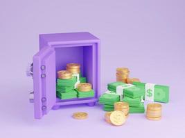 Safe box with money 3d render - open purple strongbox filled and surrounded by pile of gold coins and paper cash. photo